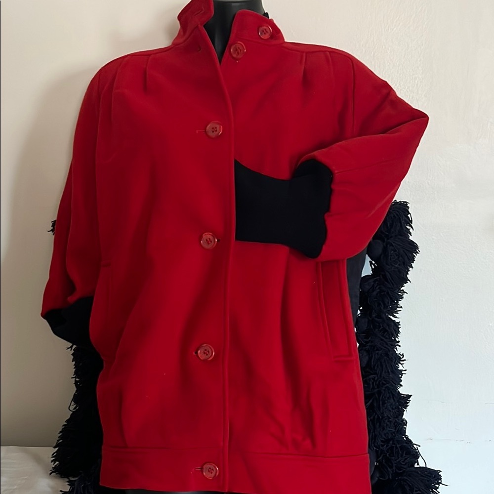 Red and Black Pea Coat with Striking Two-Tone Design